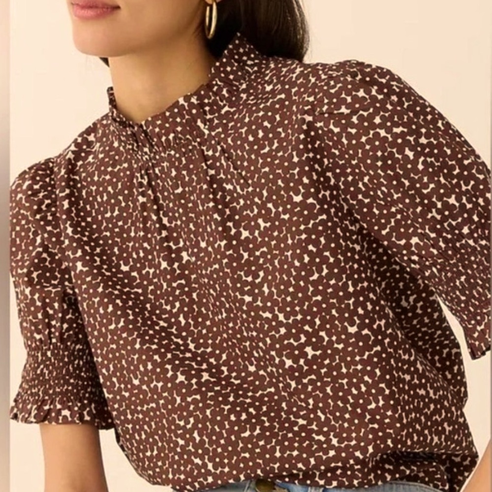 JCREW Smocked Cotton Poplin Puff Sleeve Top NWT Size Large Mocha Brown Floral